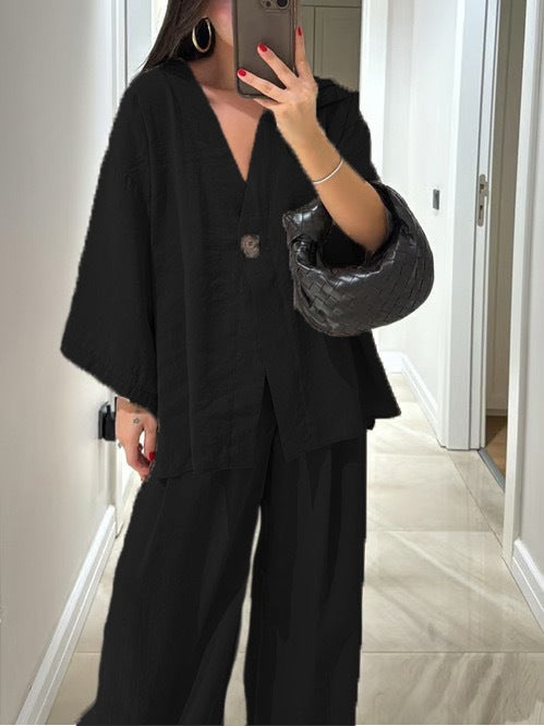 Street-Wave Two-Piece Set For Women Effortless Blouse With Street-Wave Neckline And Button Details High-Waisted Pants