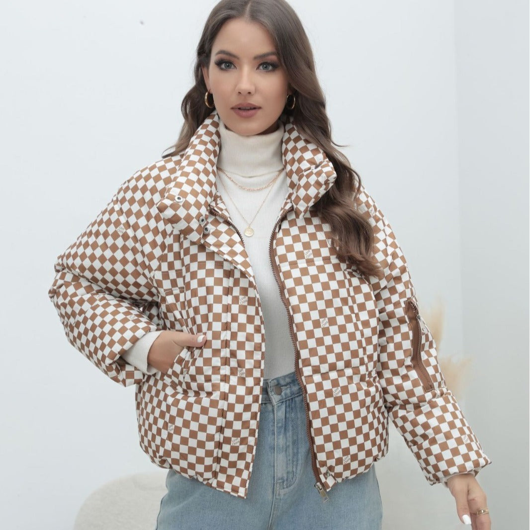 Street Wave Women Checkered Puffer Jacket For Warmth Cozy Comfort And Chic Street Style