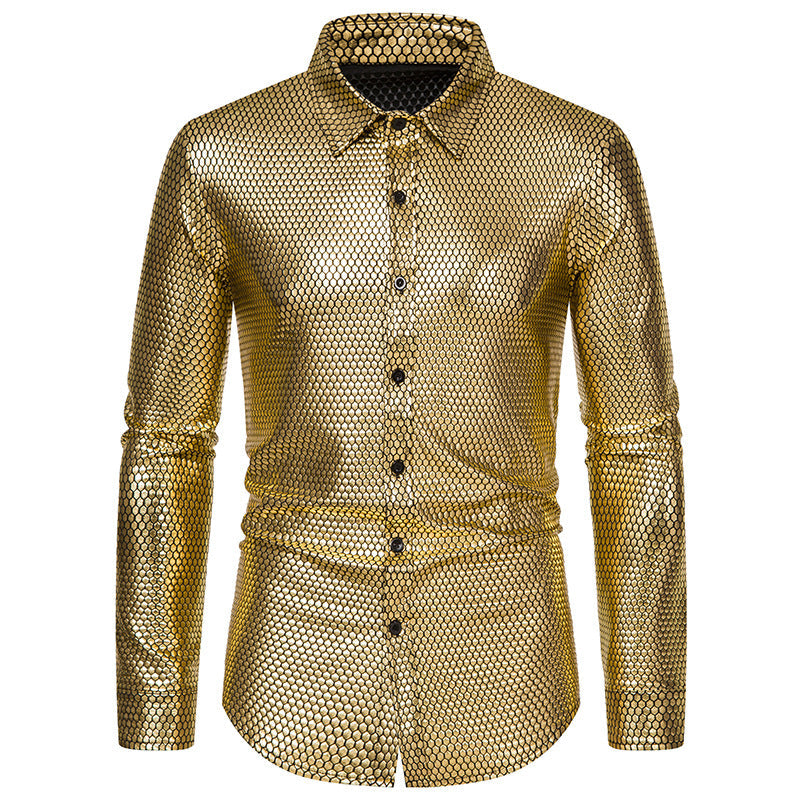 Street-wave Men's Glossy Honeycomb Pattern Dress Shirt Luxe Shine for Standout Occasions