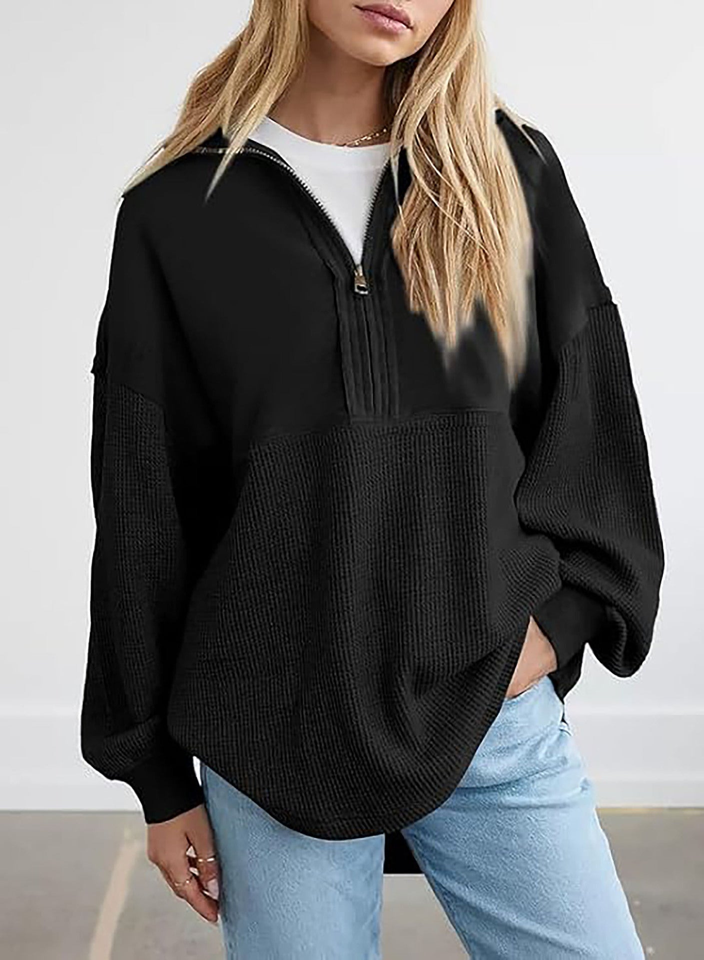 Street Wave Women's Textured Knit Half Zip Hoodie With Cozy Relaxed Fit For Casual Everyday Wear