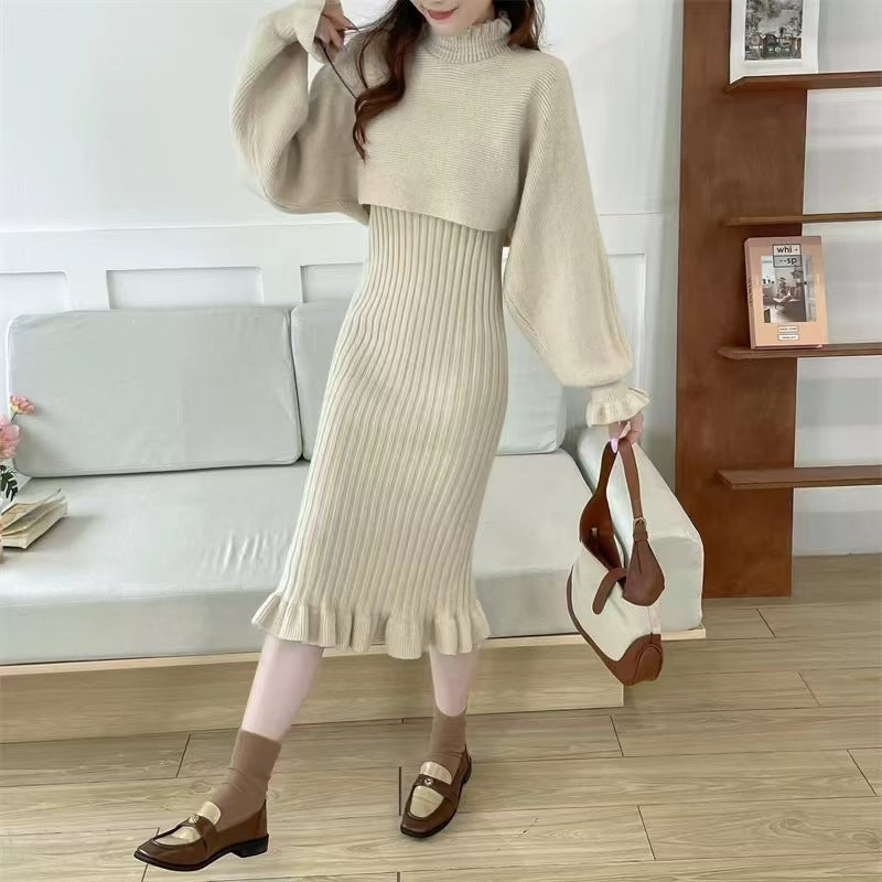 Street Wave Women's Knit Dress With High Neck And Ribbed Texture Cozy Elegant Silhouette