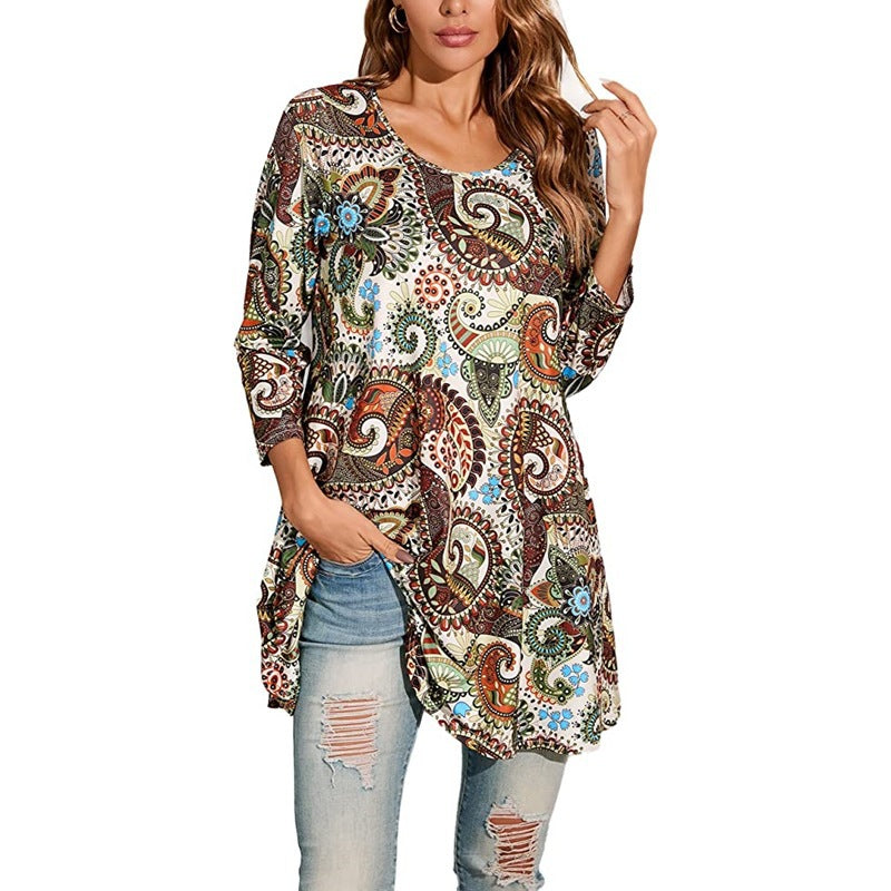 Street Wave Mandala Print Tunic For Women Comfortable Boho Everyday Top With Unique Mandala Design