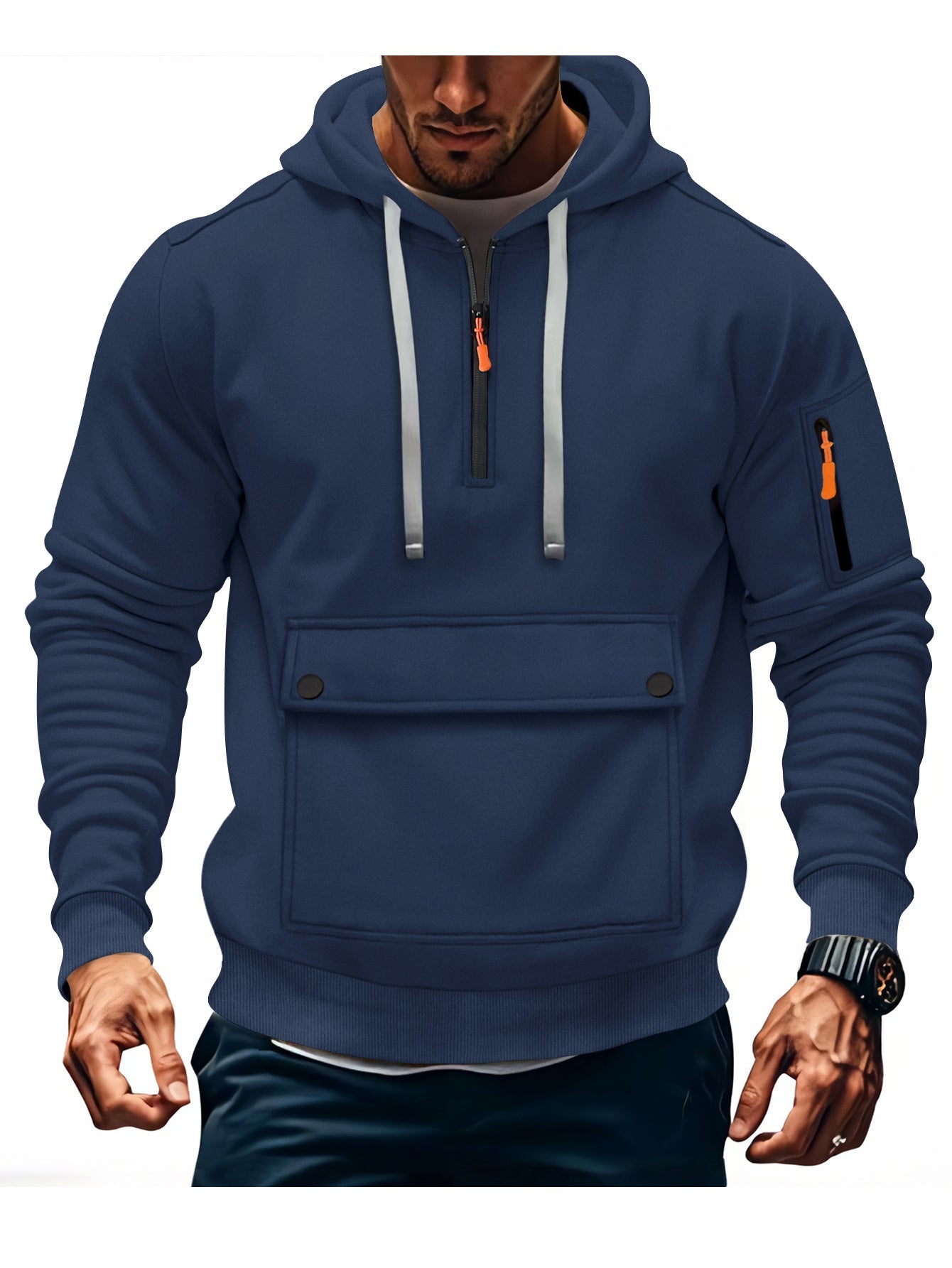 Street-wave Men's Casual Hoodie With Front Kangaroo Pocket And Sleeve Zip Pocket Performance