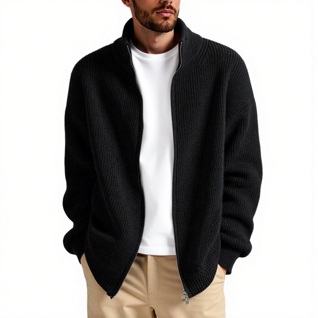 Men's Knit Cardigan With High Collar And Zip Front Street-Wave Premium Warmth For Modern Men