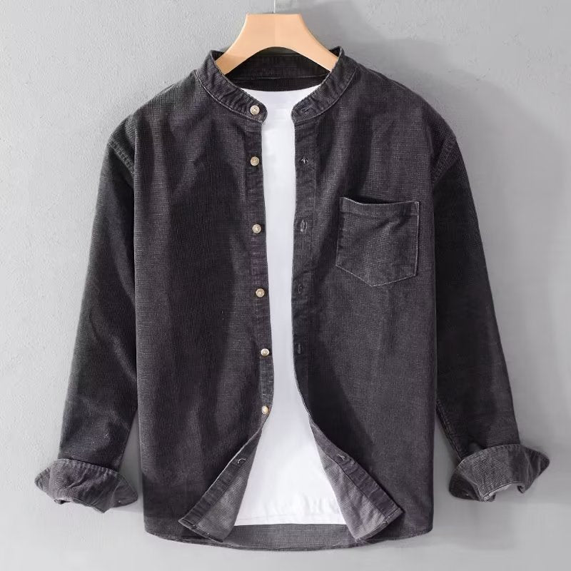 Street-Wave Corduroy Shirt for Men With Mandarin Collar and Minimalist Design for Everyday Comfort