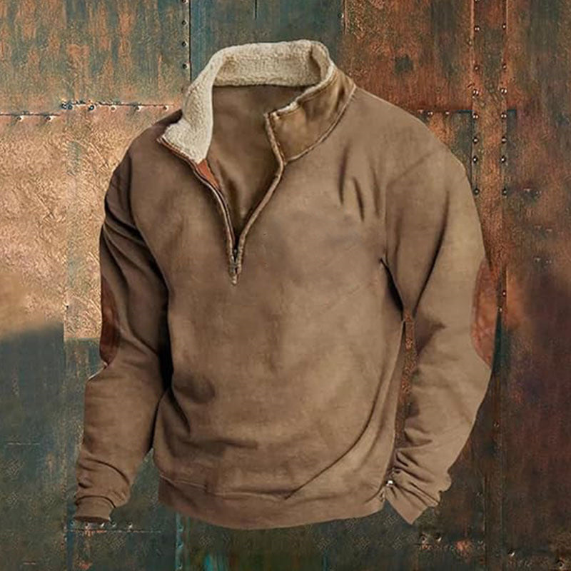 Street-Wave Men's Fleece Pullover With High Collar And Rugged Appliques For Warm Comfort