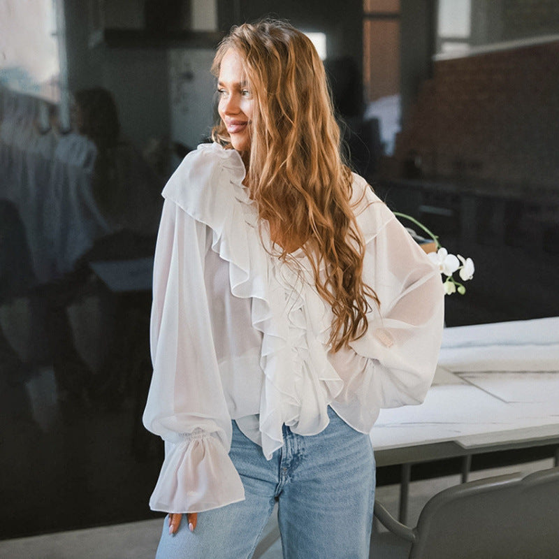 Chiffon Ruffle Blouse Women Oversized Fit Street Wave Elegant Lightweight Top For Everyday Wear