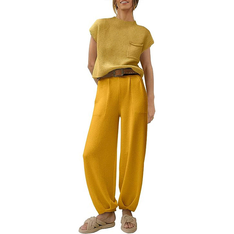Street Wave Women's Knit Set Cropped Top Chest Pocket High Waist Wide Pants