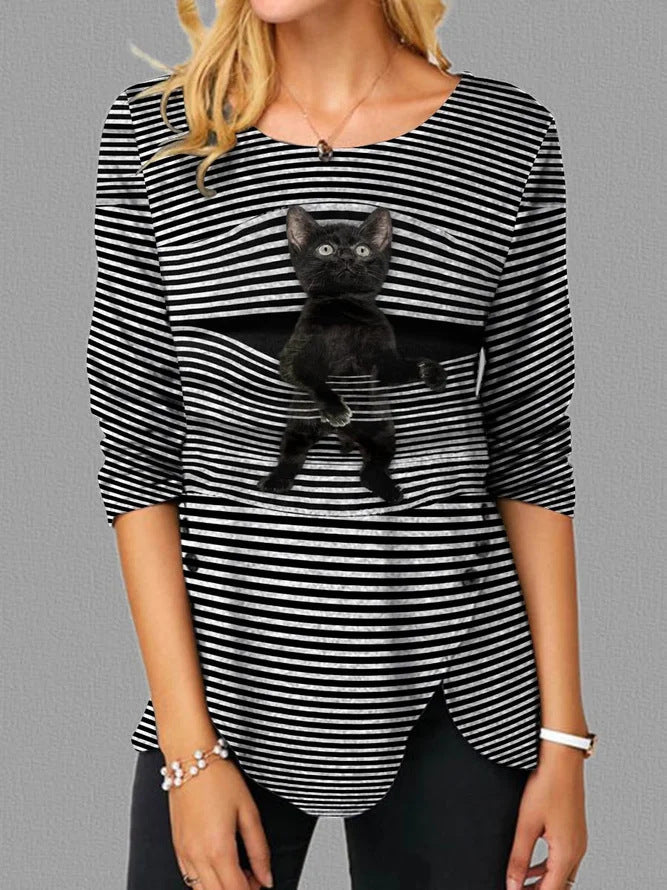 Street Wave Cat Motif T Shirt For Women Soft Breathable Casual Tee With Unique Cat Graphic