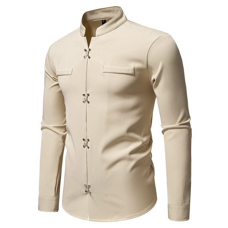 Mens Mandarin Shirt With Asian Knot Button Design By Street-wave Breathable Elegant Everyday Style For Men