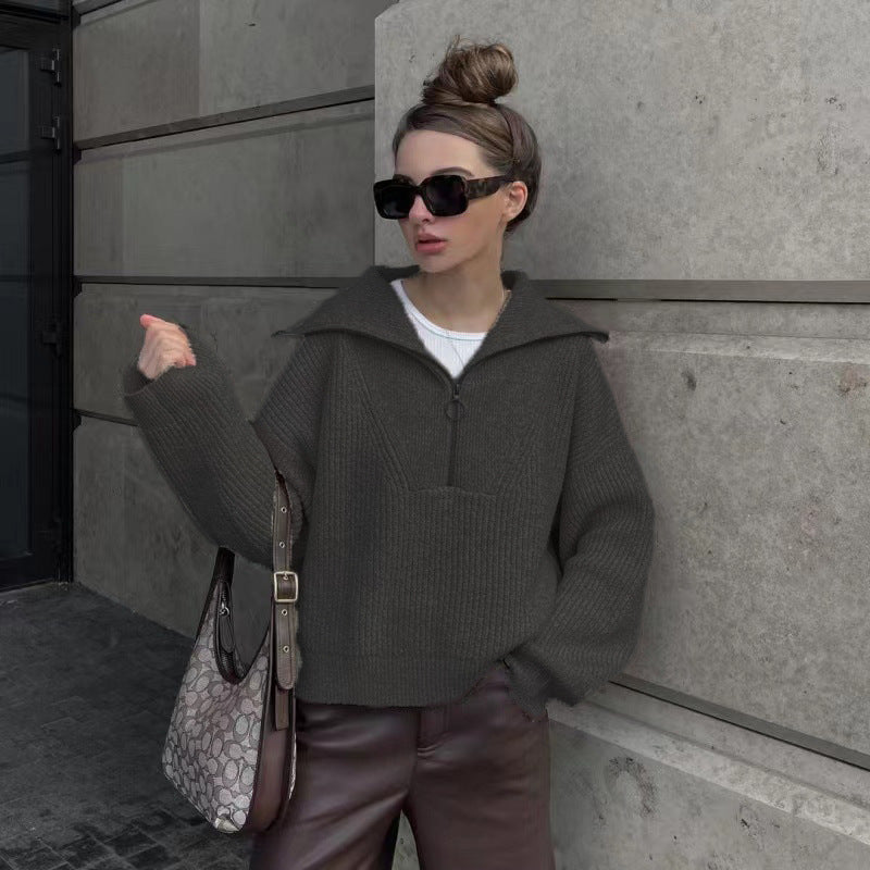 Streetwave Zip Front Rib Knit Pullover Soft Warm Versatile Casual Chic For Women Everyday Wear