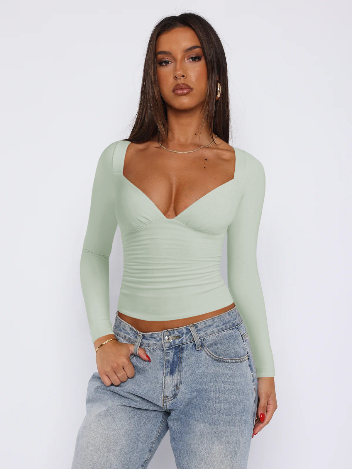 Street-Wave Women's Fitted Long Sleeve V Neck Top With Ruched Detailing For A Flattering Silhouette