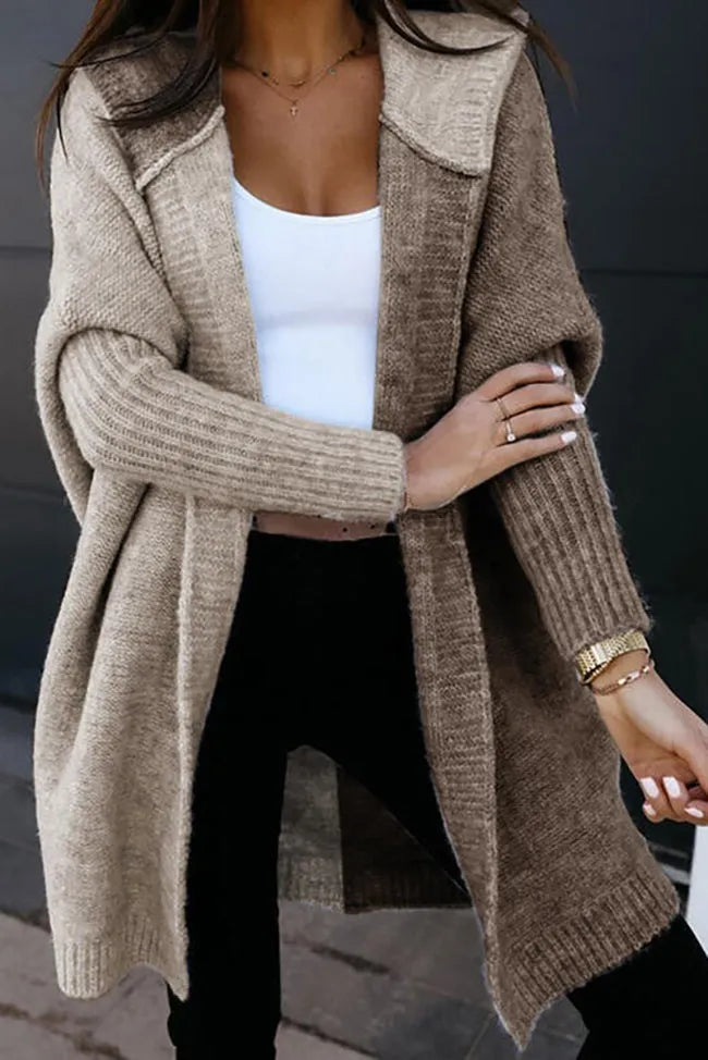 Street-wave Hooded Knit Cardigan Coat for Women With Cozy Warmth, Two-Tone Knit and Ruffle Detail