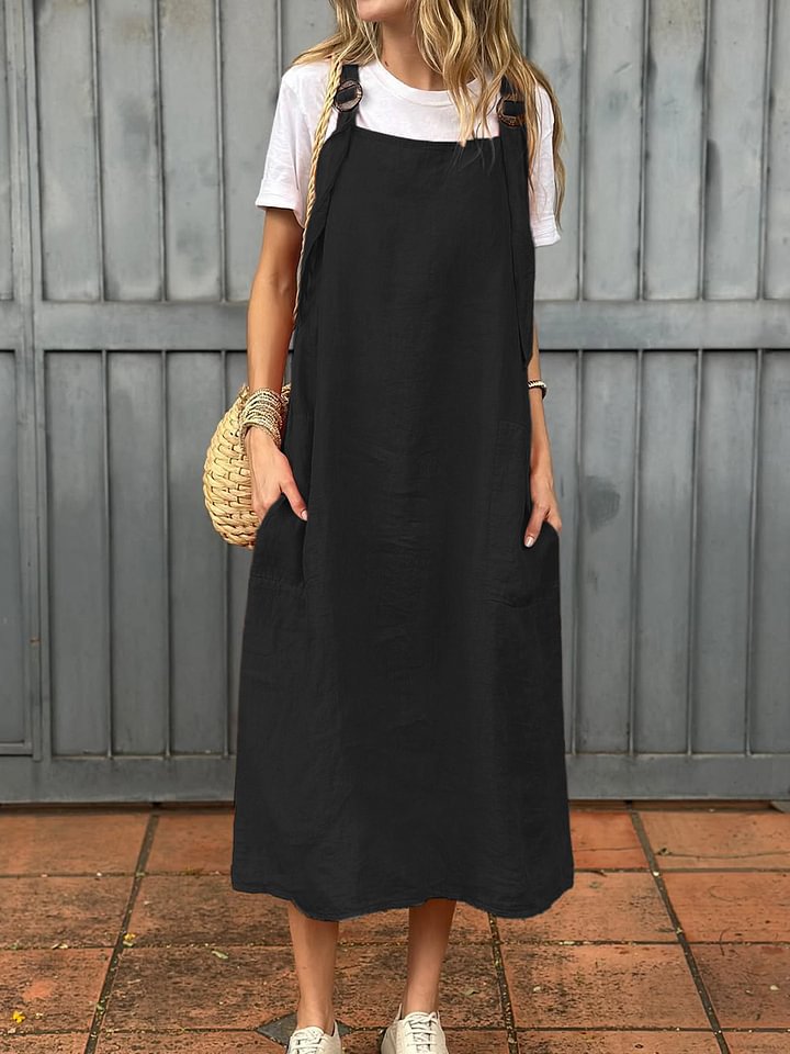 Streetwave Linen Strap Dress With Two Front Pockets For Women Breathable Casual Midi Summer