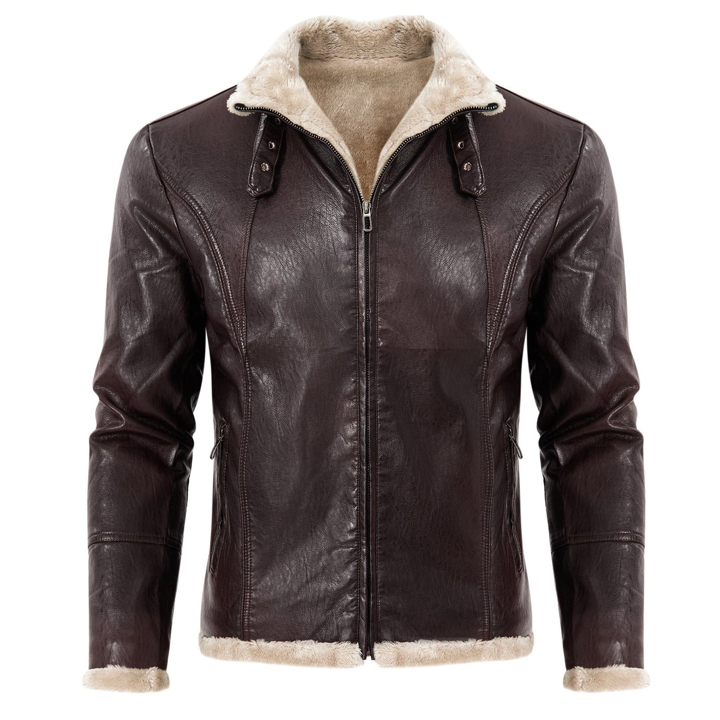 Mens Leather Jacket Premium Plush Shearling Collar Streetwave For Stylish Men Winter Ready
