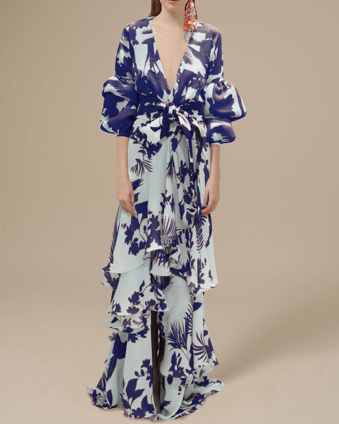 Street-Wave V-Neck Puff Sleeve Dress With Waist Tie And Layered Skirt - Elegant Summer Floral Maxi