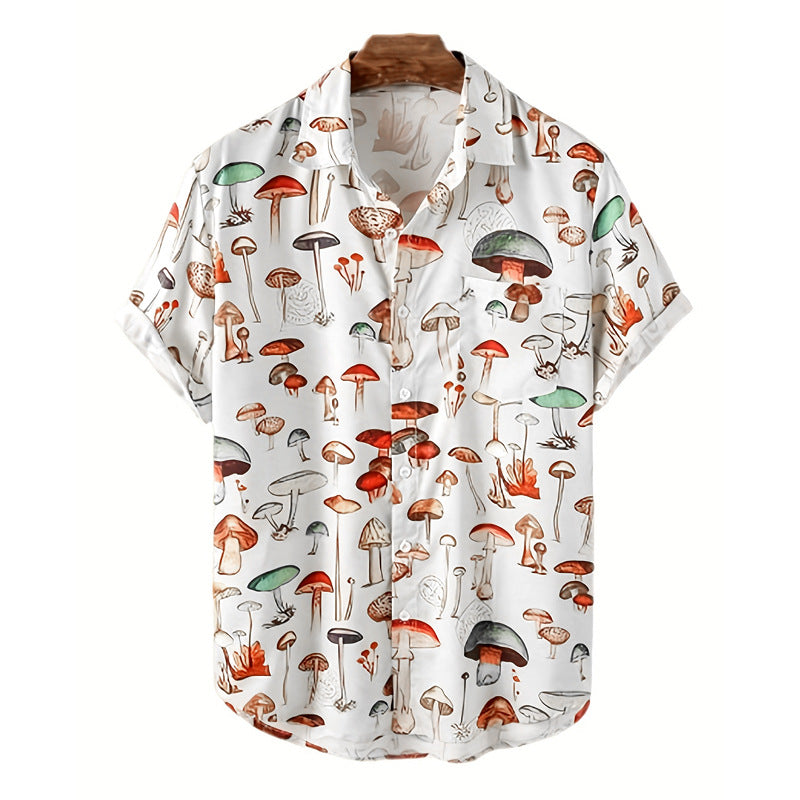 Street-Wave Mushroom Print Short Sleeve Shirt for Men Breathable Comfortable Fit