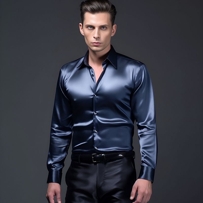 Street-wave Satin Shirt for Men with Modern Collar Luxury Shine For Formal Events Ideal Office And Evening Wear