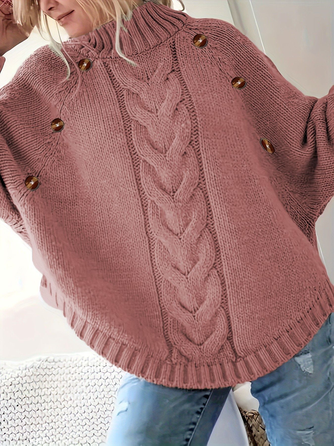 Women Oversized Cable Knit Sweater With High Collar And Button Details Streetwave Cozy Warmth