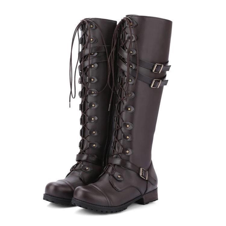 Street-wave Waterproof Knee High Boots for Women with Round Toe and Lace Up Buckle Straps Stylish