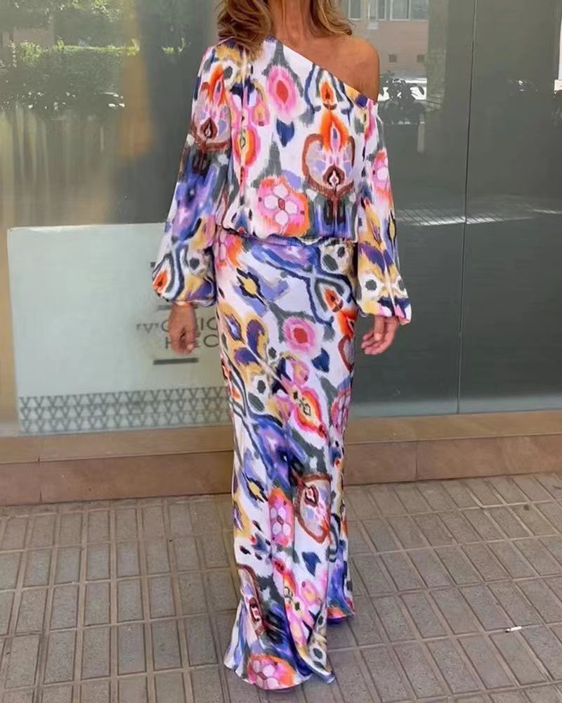 Street Wave Graphic Batik Maxi Dress Off Shoulder With Puffy Sleeves For Women Elegant Occasion