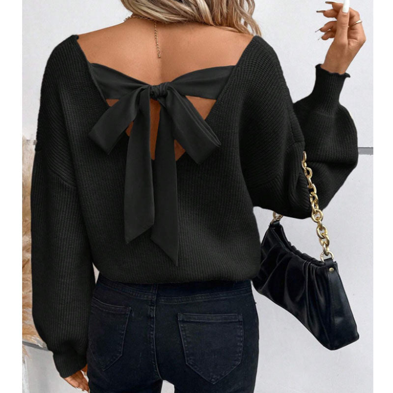 Street-wave Womens Bow Back Knit Sweater With Elegant Neckline Ideal For Chic Everyday Wear