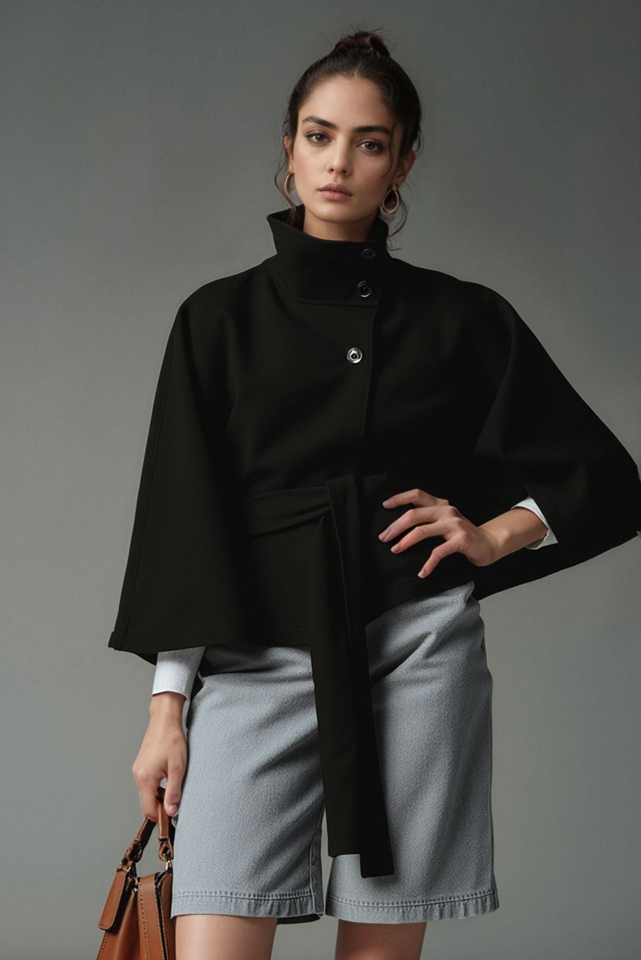 Street-wave Hooded Cape Coat For Women, Elegant Transitional Outerwear Belted For Chic Comfort