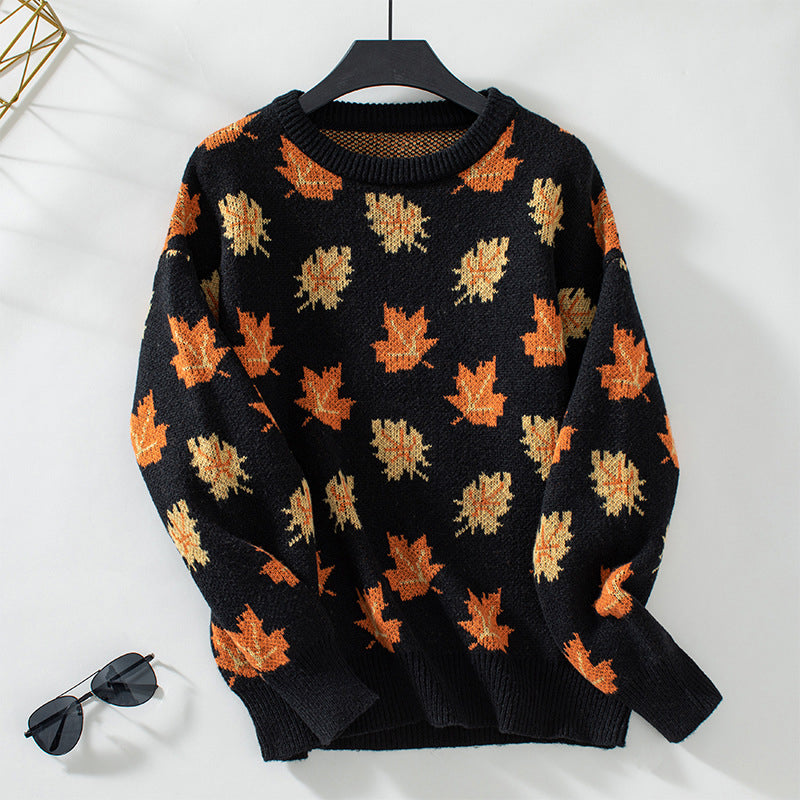 Street-Wave Maple Leaf Sweater For Women Cozy Cotton-Acrylic Knit Warm Winter Days