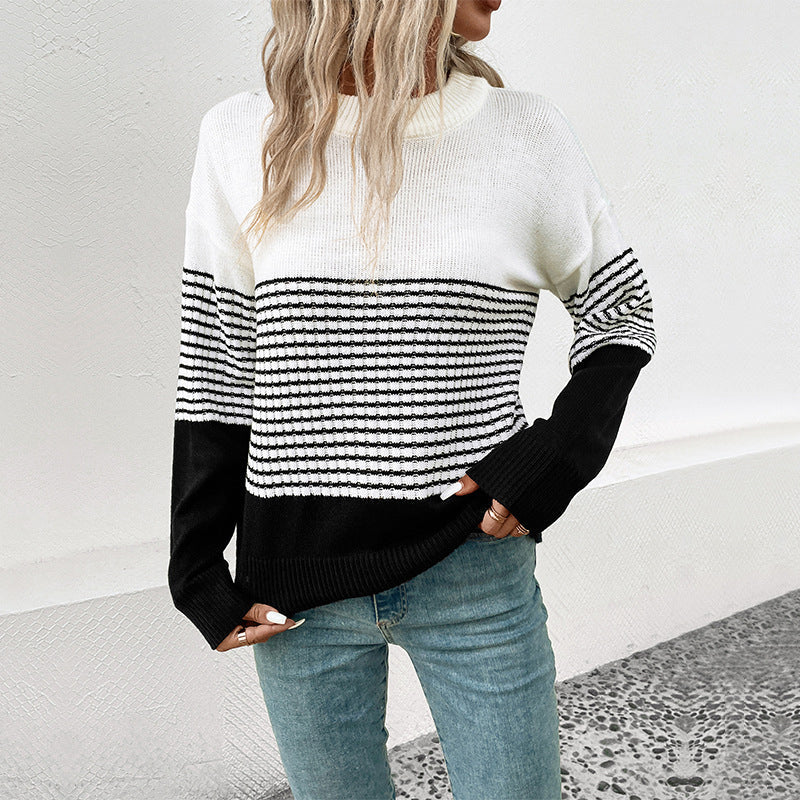 Street-wave Striped Knit Pullover For Women Cozy Round Neck Sweater With Long Sleeves For Everyday Wear