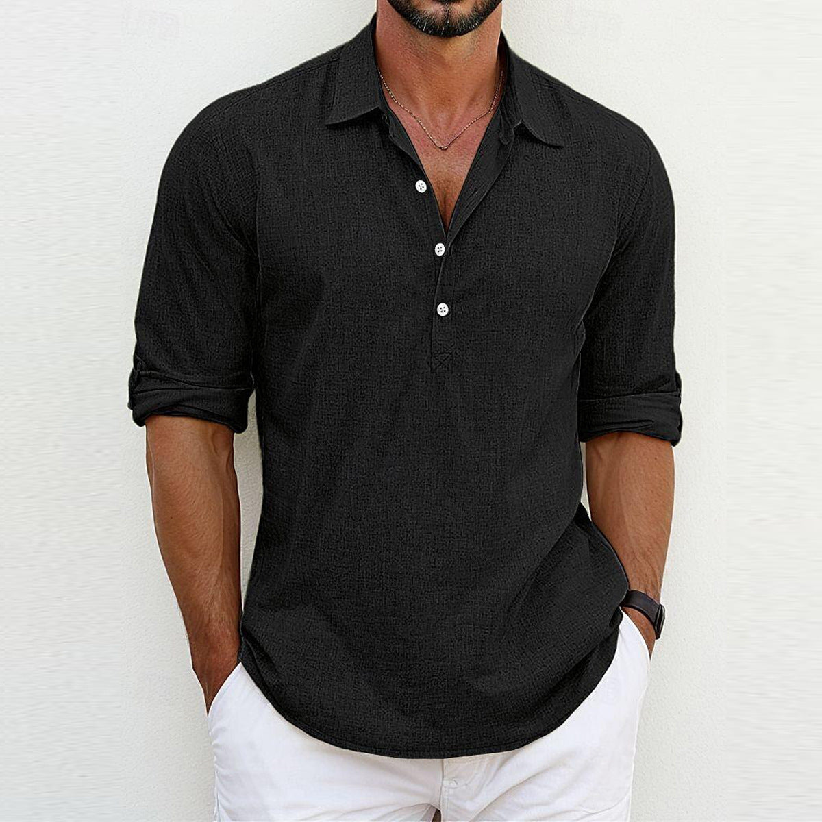 Street-Wave Mens Casual Long Sleeve Shirt With Button Placket Modern Fit Breathable Cotton Blend