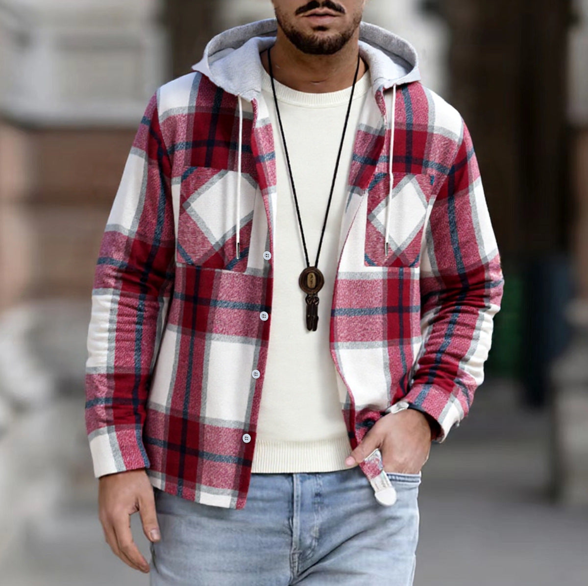 Street-wave Men's Hooded Plaid Casual Jacket With Easy Care Fabric For Effortless Everyday Style