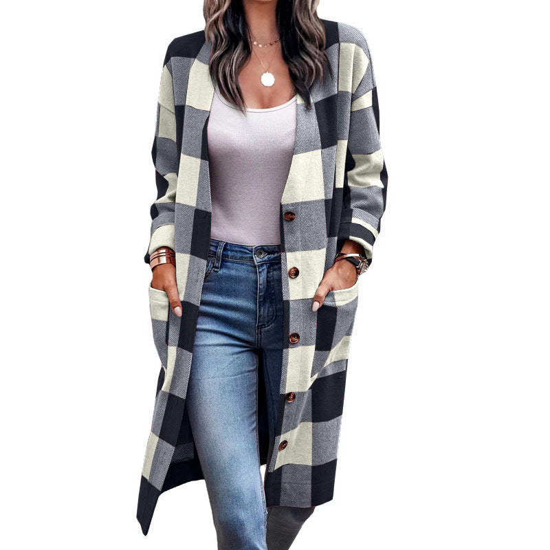 Street Wave Longline Plaid Cardigan With Pockets For Women Breathable Cozy Everyday Wear