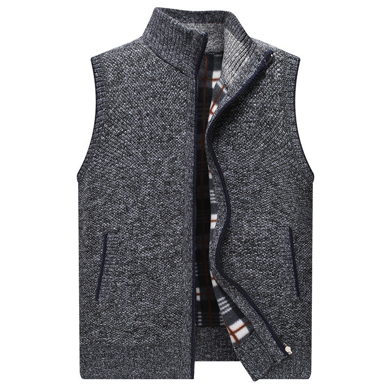 Street-Wave Men's High Collar Knit Vest With Checkered Inner Lining For Warmth And Everyday Wear