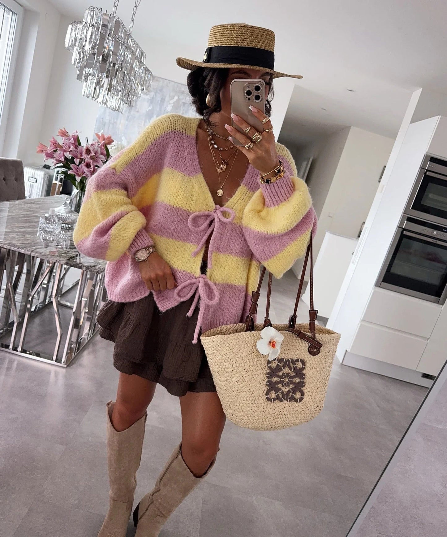 Streetwave Womens Striped Knit Cardigan With Loose Fit And Tie Belt For Everyday Style