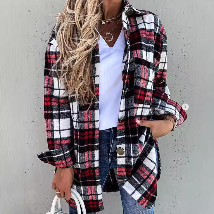 Street Wave Plaid Wool Look Coat Plus Size Oversized Mid Length Button Closure For Women