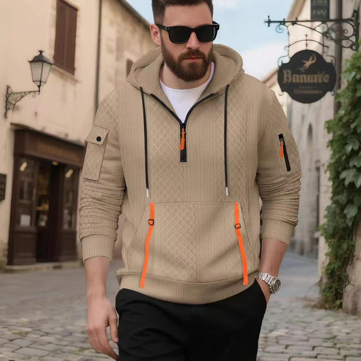 Streetwave Mens Hoodie For Men With Structured Diamond Knit And Practical Zippered Pockets For Everyday Wear