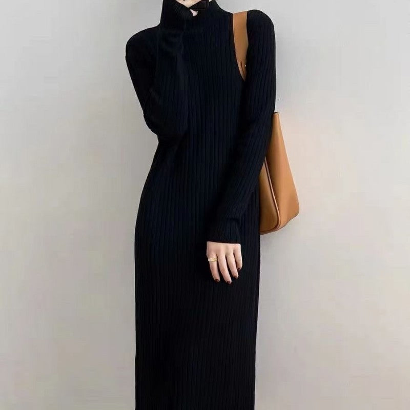 Street-Wave Women Knit Dress With High Collar And Ribbed Texture Cozy Elegant Winter Wear