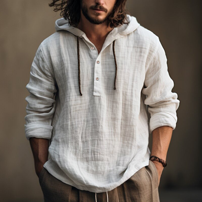 Streetwave Mens Linen Hooded Shirt With Button Placket For Casual Comfort And Breathable Style