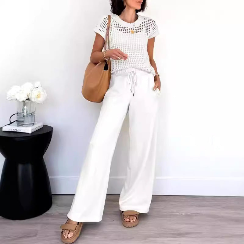 Street-Wave Women's Open-Knit Short-Sleeve Top and Wide-Leg Pants Set - Relaxed Fit for Casual Comfort