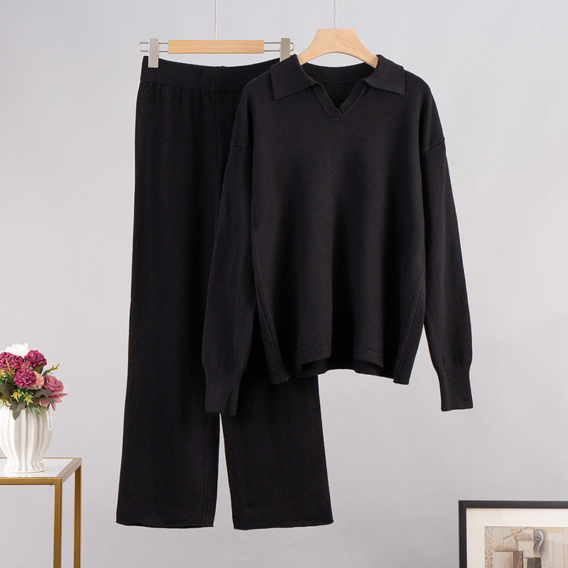 Street-Wave Knit Set With Polo Collar For Women Cozy Warm Pullover And Wide Leg Pants