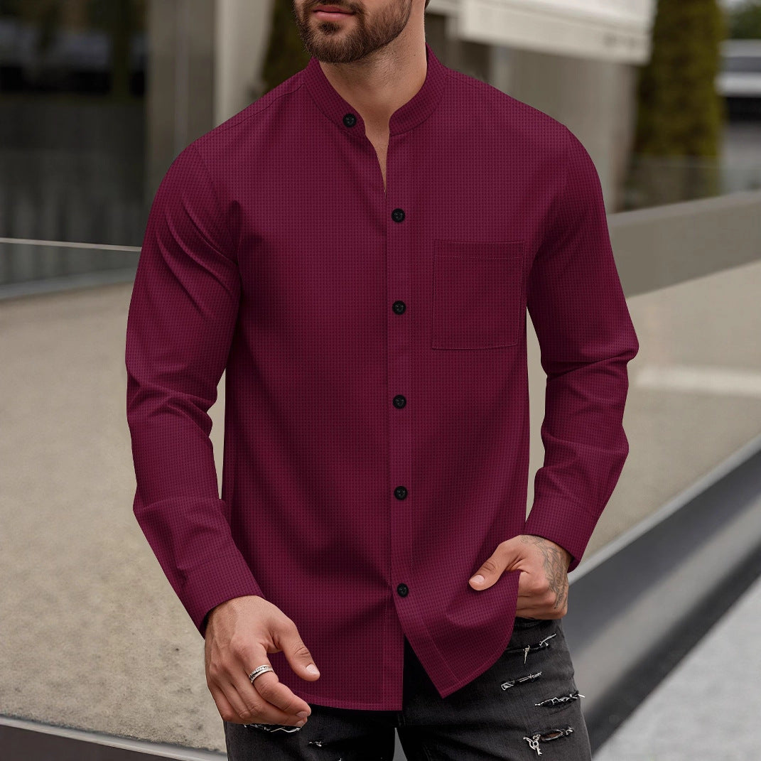 Street-Wave Men's Long Sleeve Shirt With Stand Collar And Chest Pocket For Modern Men