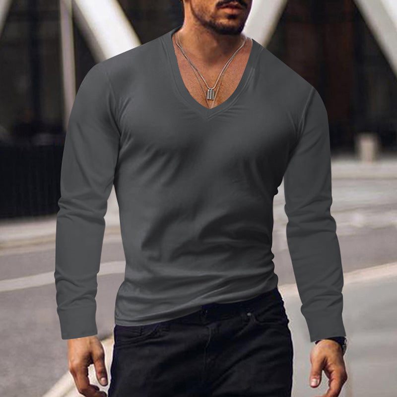 Street-wave Mens V Neck Long Sleeve Shirt Soft Cotton Blend Slim Fit Breathable Everyday Wear