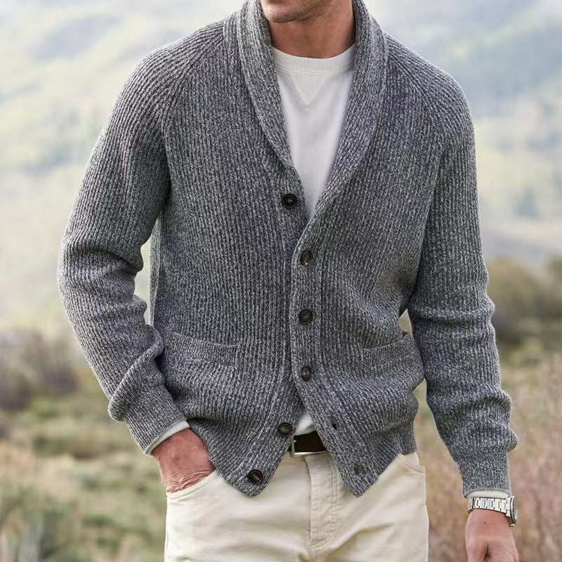 Street-Wave Men's Shawl Collar Cardigan with Button Closure and Long Sleeve Front Pockets Knit Sweater