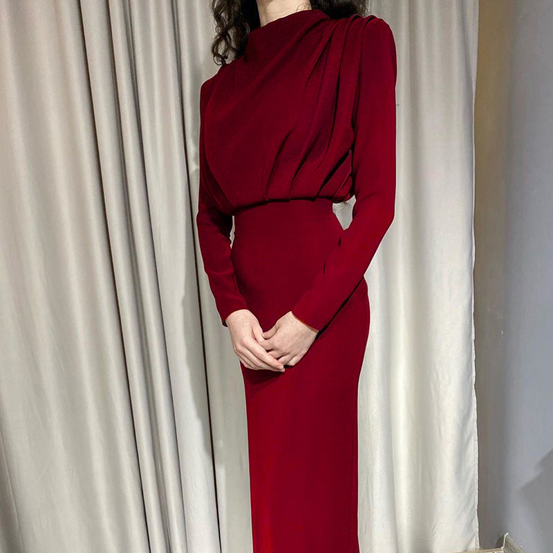 Street-wave Women's Bodycon Dress With Elegant Stand Collar And Ruched Detail For Evening Events