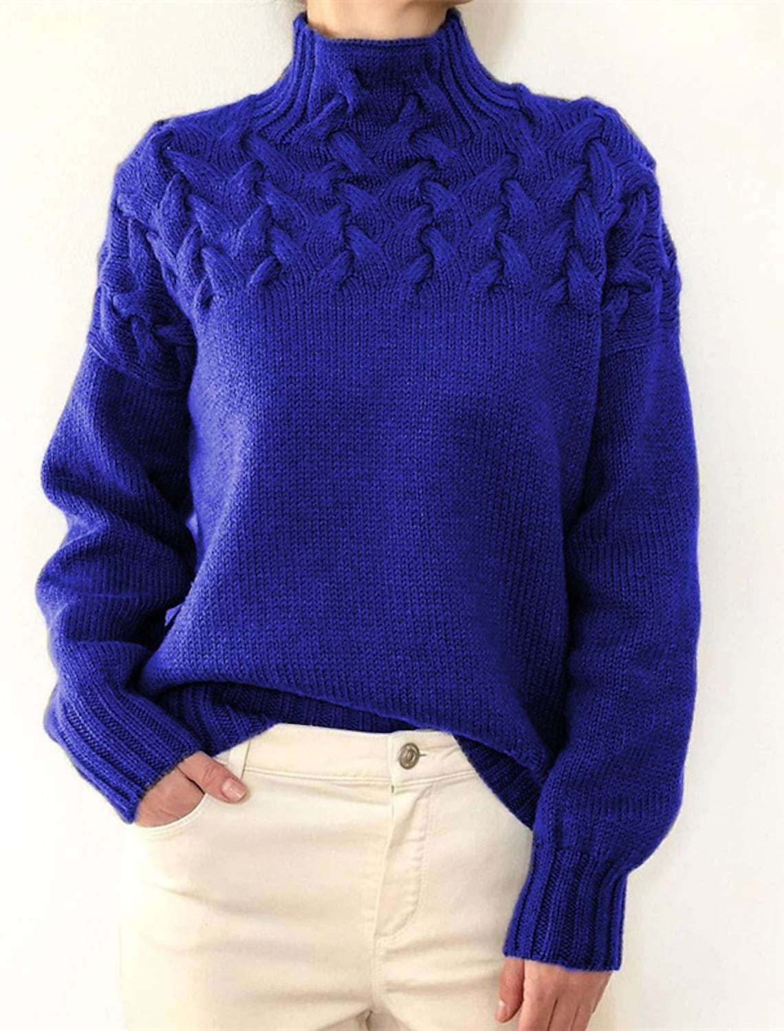 Street-Wave Women Cable Knit Turtleneck Sweater Cozy Warmth Soft Breathable Yarn