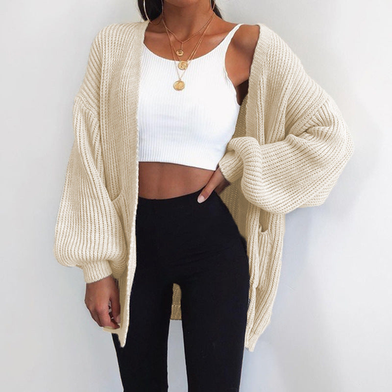 Street-wave Oversize Knit Cardigan for Women with Puff Sleeves - Luxurious Soft Cotton, Cozy Wide Fit