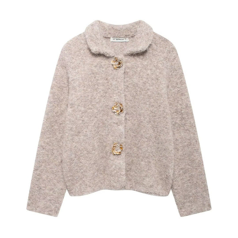 Street-Wave Cozy Knit Cardigan For Women With Floral Button Details And Soft Texture