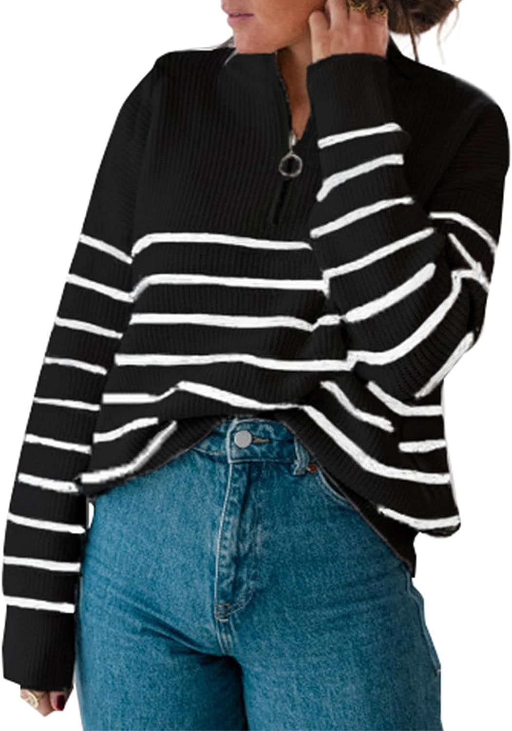 Street-wave Women's Striped Zip Pullover Soft Knit Cozy Casual Everyday Wear For Women