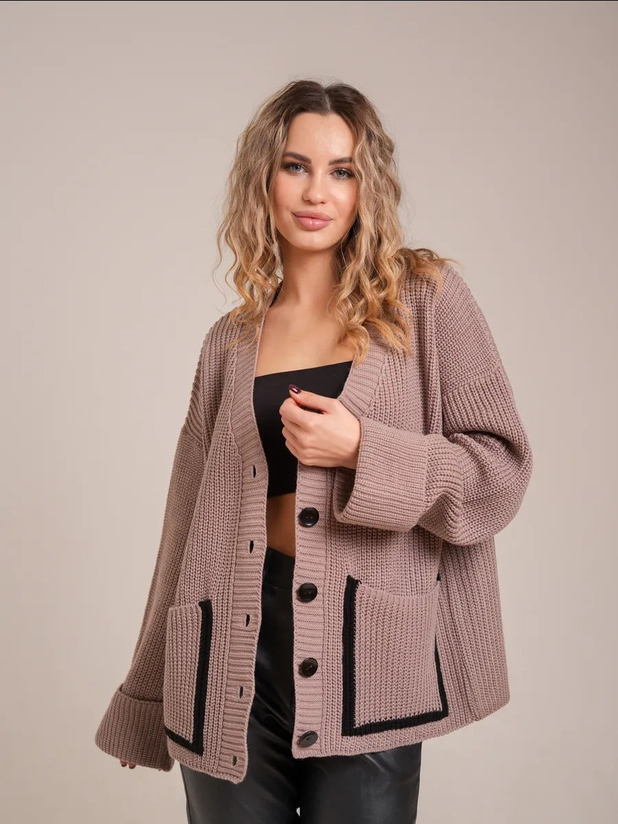 Street-Wave Womens Cozy Knit Cardigan With Oversized Collar And Practical Front Pockets For All Day Comfort