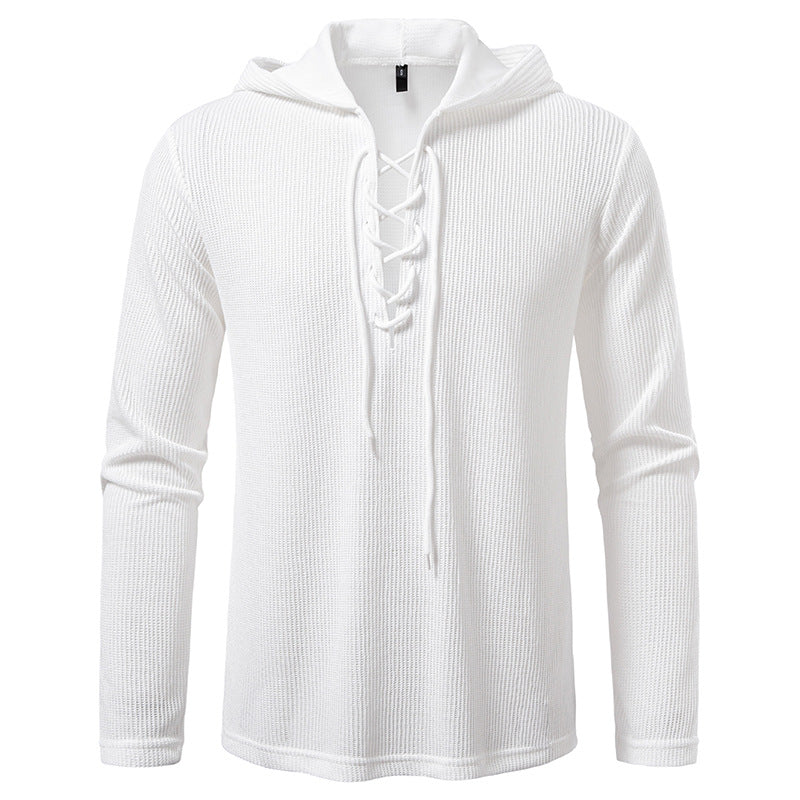 Street-Wave Men's Lace-Up Hooded Pullover With Textured Knit Design For Modern Streetwear Comfort